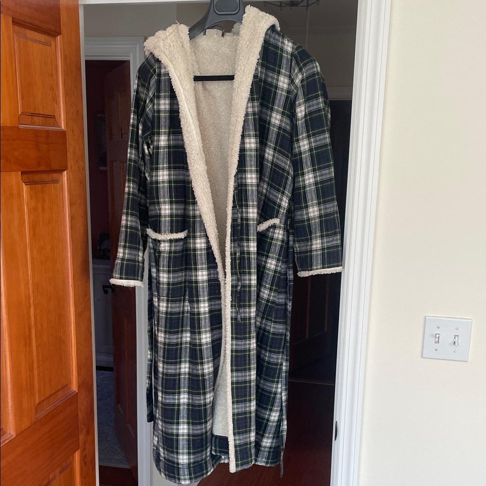 L.L. Bean Plaid Hooded Robe with Sherpa Lining
